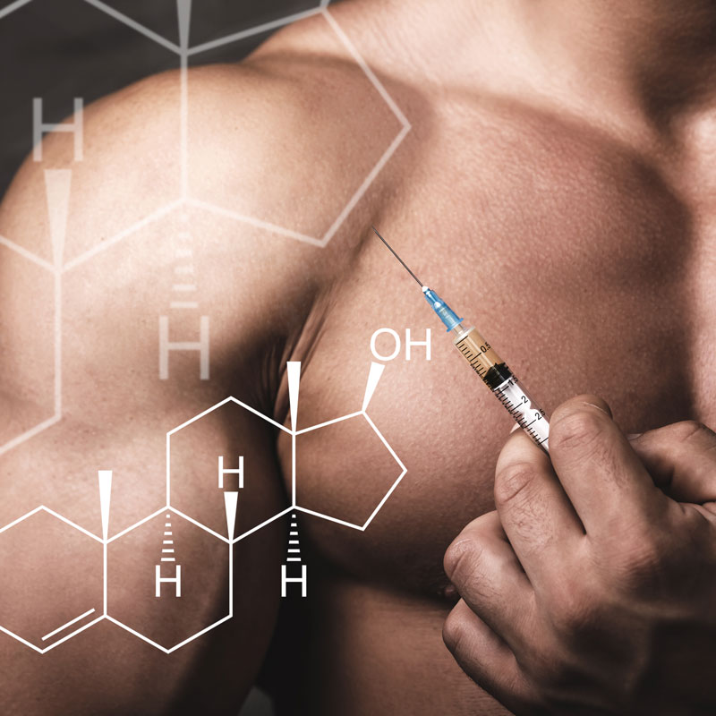 muscular man holding needle of testosterone with molecule overlay